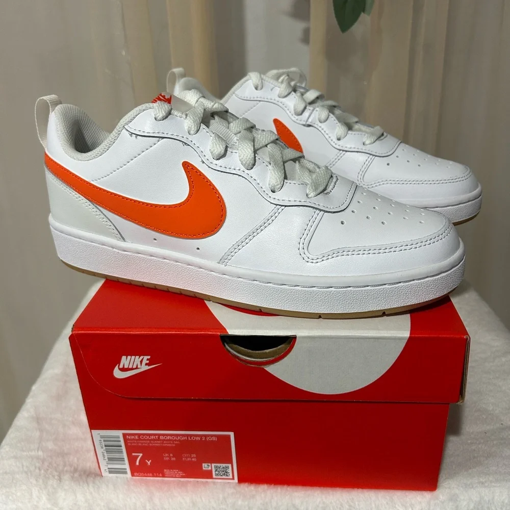 Nike Court Borough Low 2 GS White Orange Sneakers Youth 7Y New